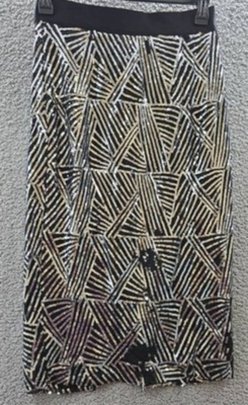 Gracia Sequin Geometric Pattern Pencil Skirt Womens L Black/Silver Elastic Waist